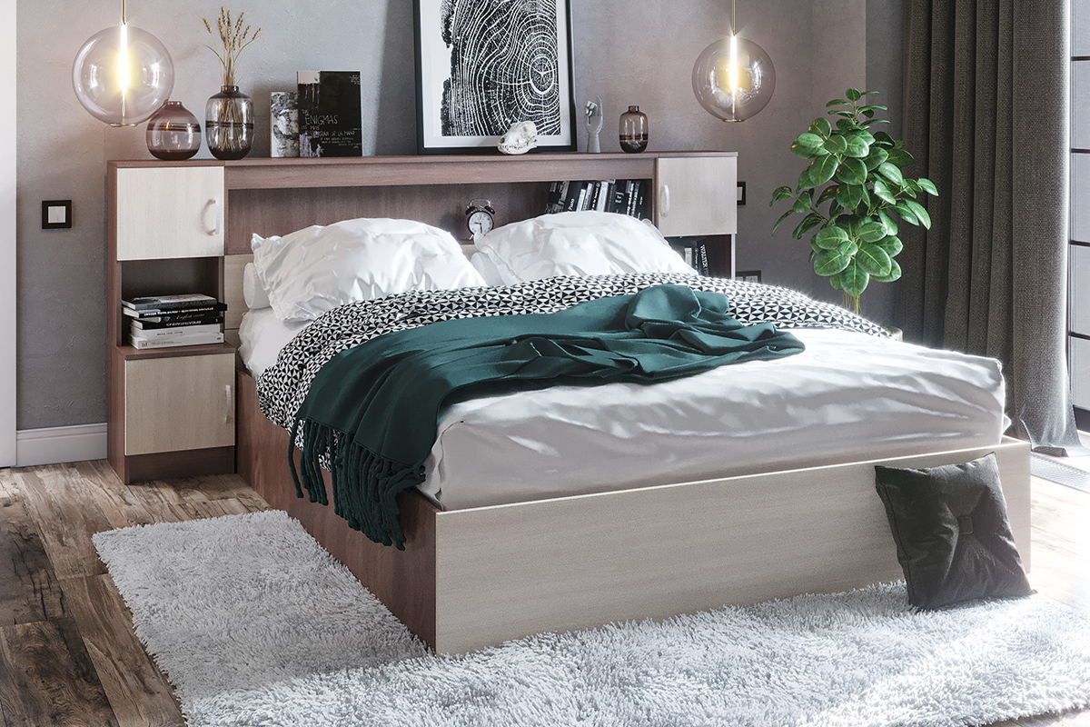 КР-552 Кровать 1,6м с закроватным модулем Спальня Бася Сурская мебель